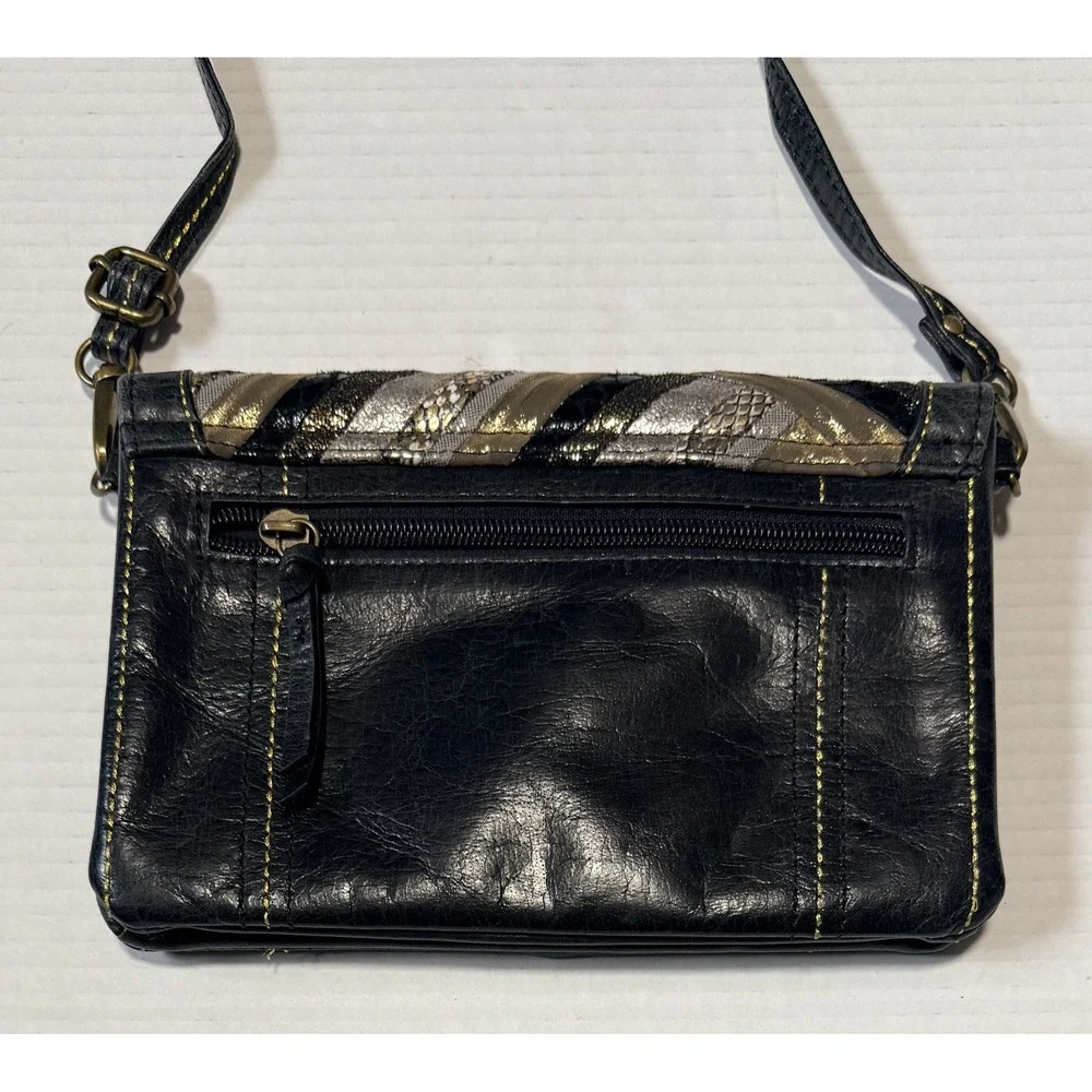 THE SAK Black Leather Crossbody‎ Evening Bag Purse Gold Metallic Snakeskin